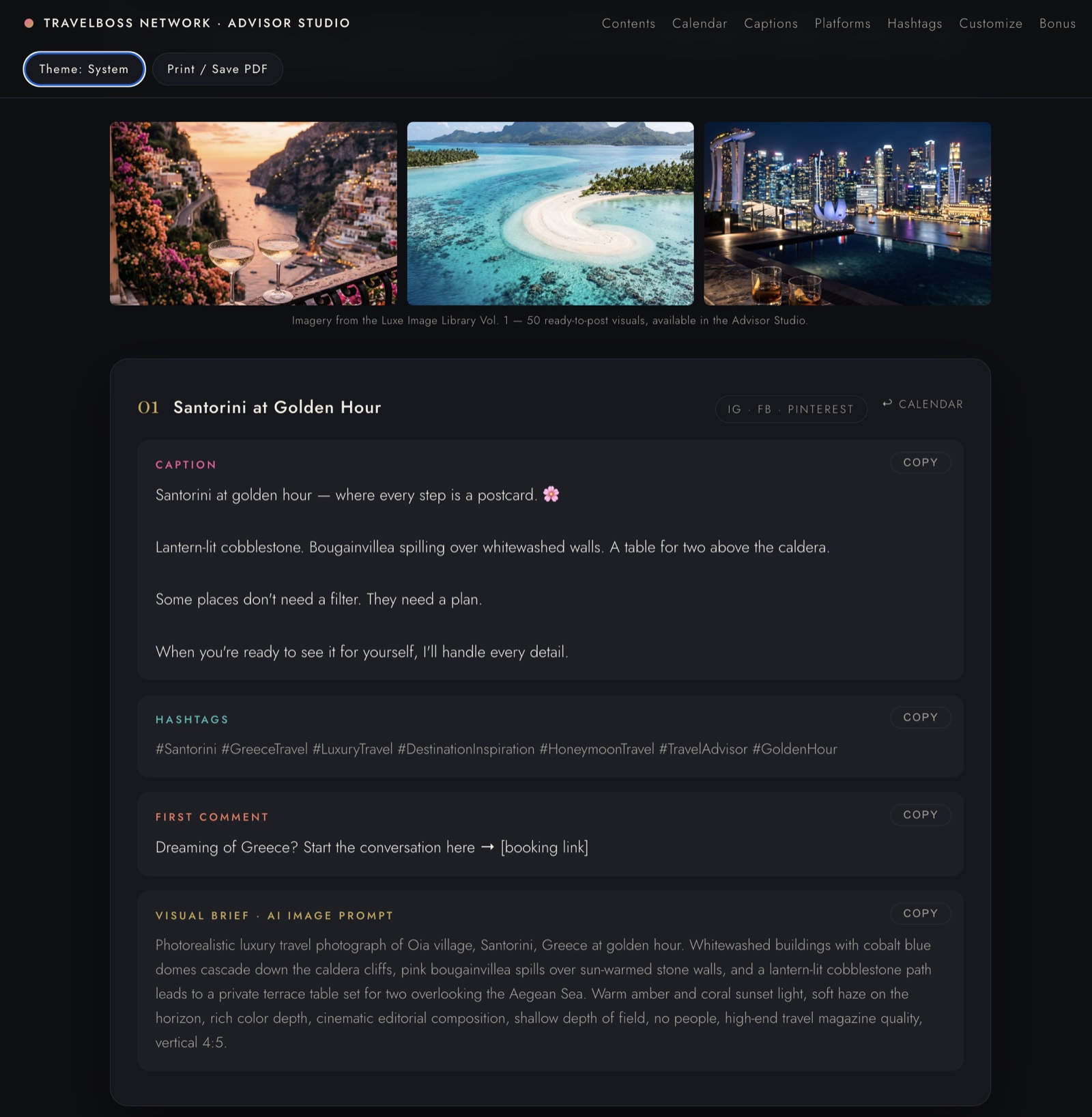 Social caption kit dark mode — caption, hashtags, first comment, and visual brief