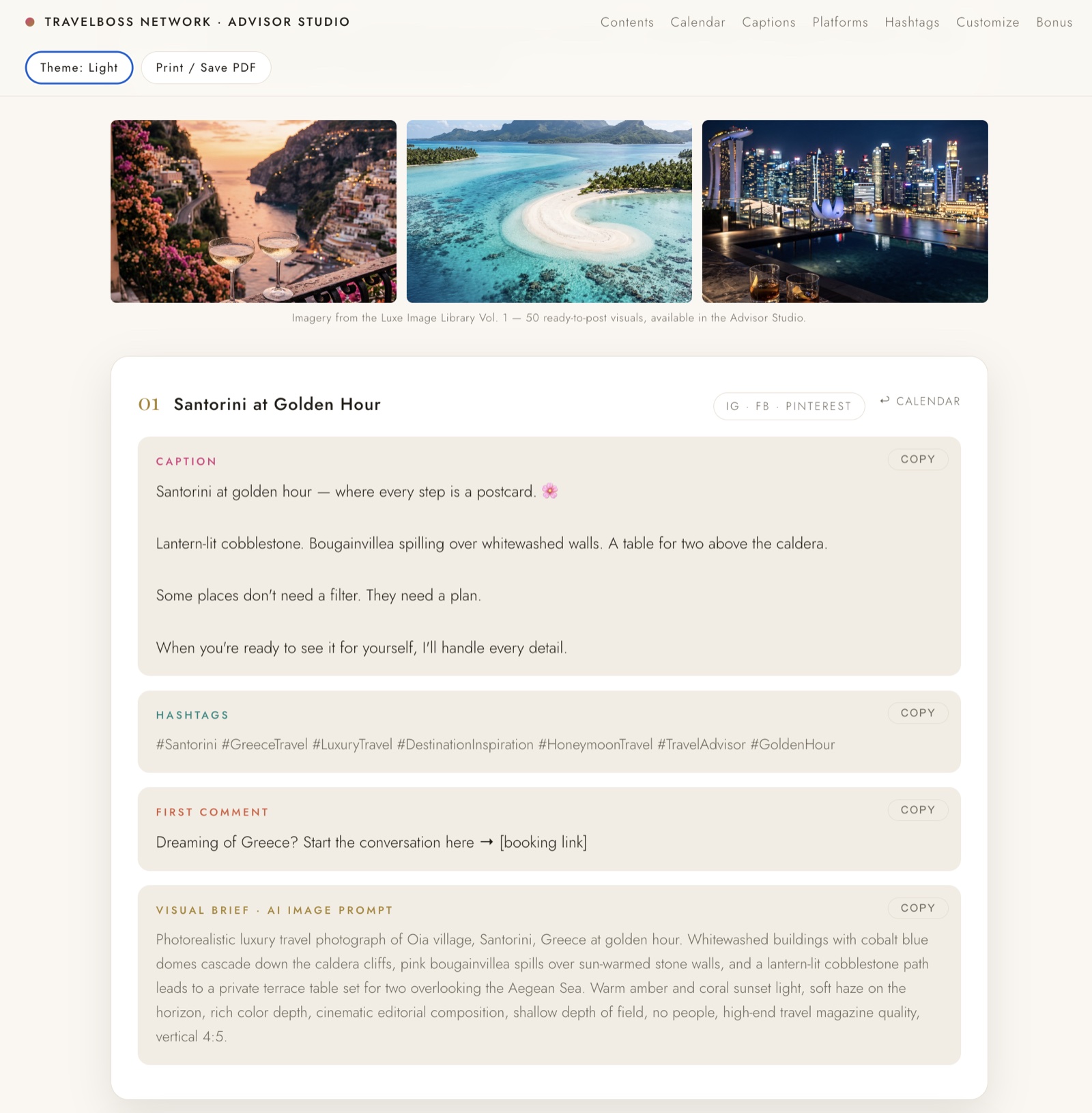 Social caption kit light mode — caption, hashtags, first comment, and visual brief