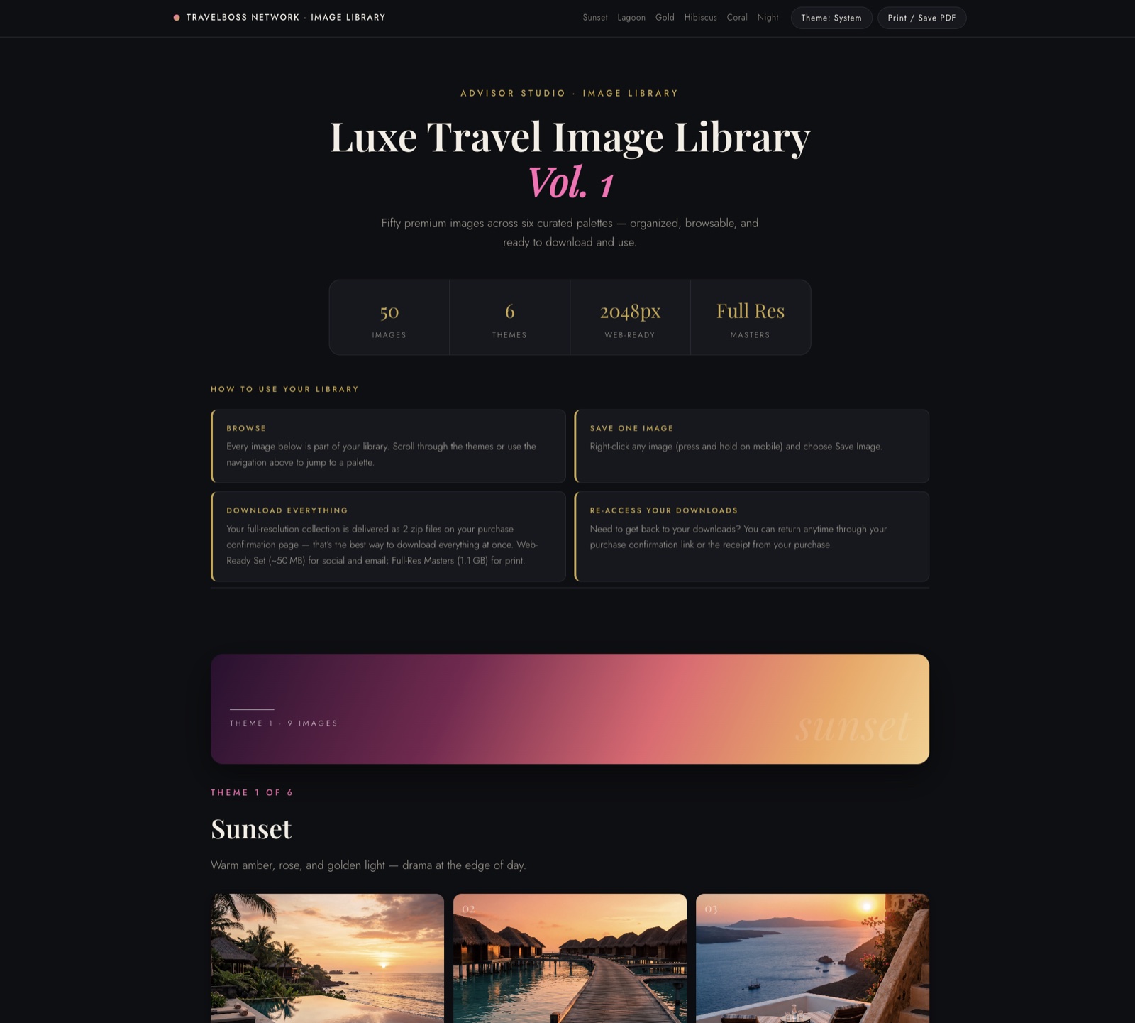 Luxe Image Library gallery mid-scroll, dark mode — images across six themes