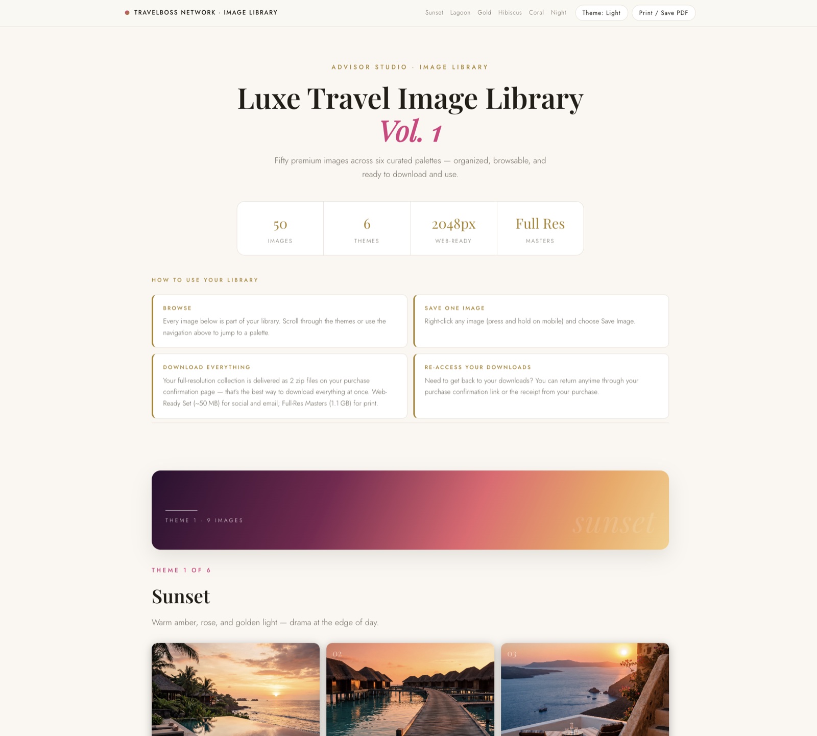 Luxe Image Library gallery mid-scroll, light mode — images across six themes