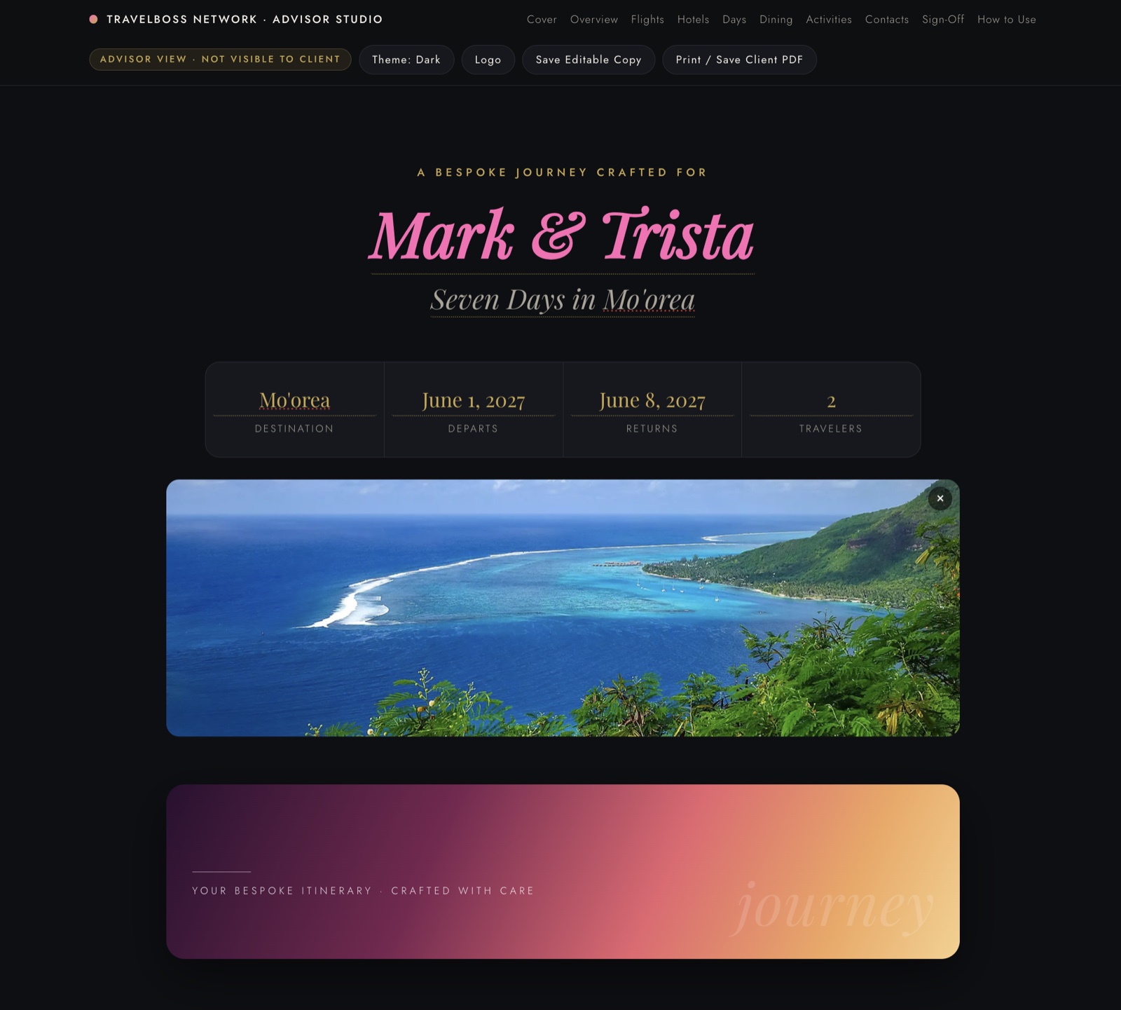 Itinerary day blocks with photo slots, dark mode