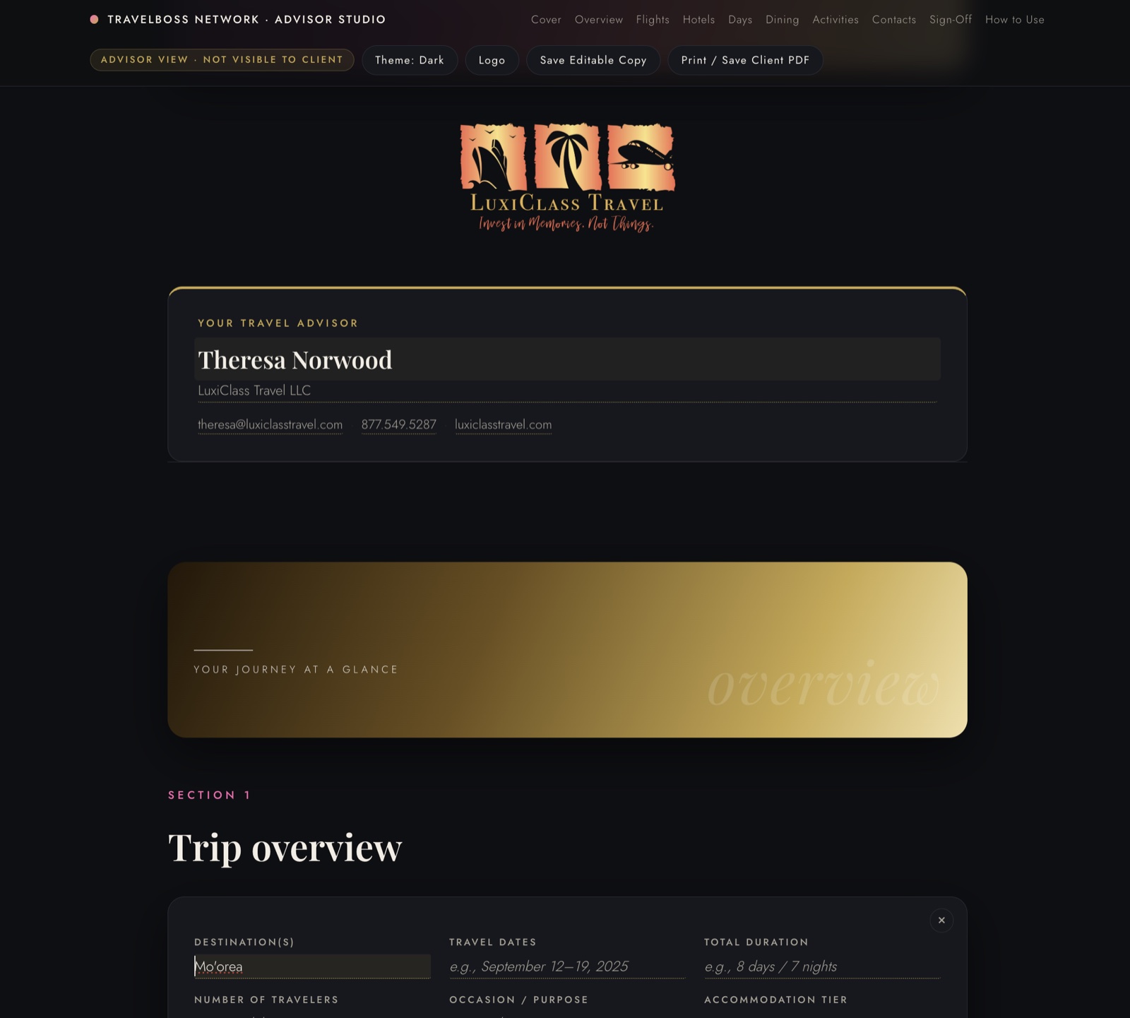 Smart fields filled throughout itinerary document, dark mode