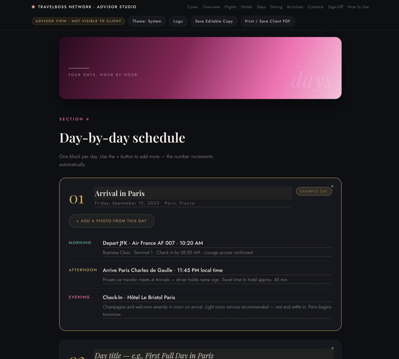 Luxury itinerary cover page dark mode — client name, trip stats, destination photo