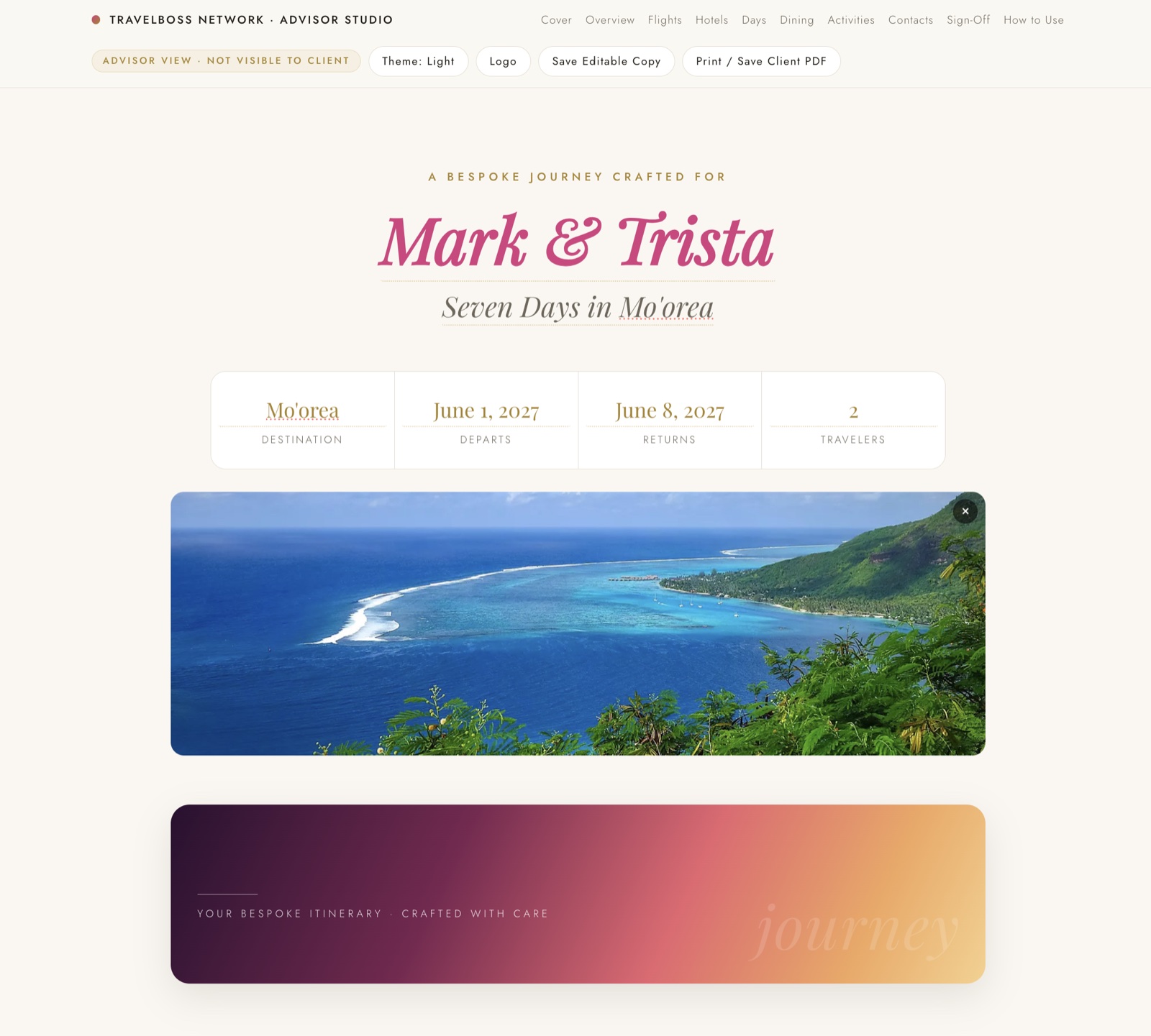 Itinerary day blocks with photo slots, light mode
