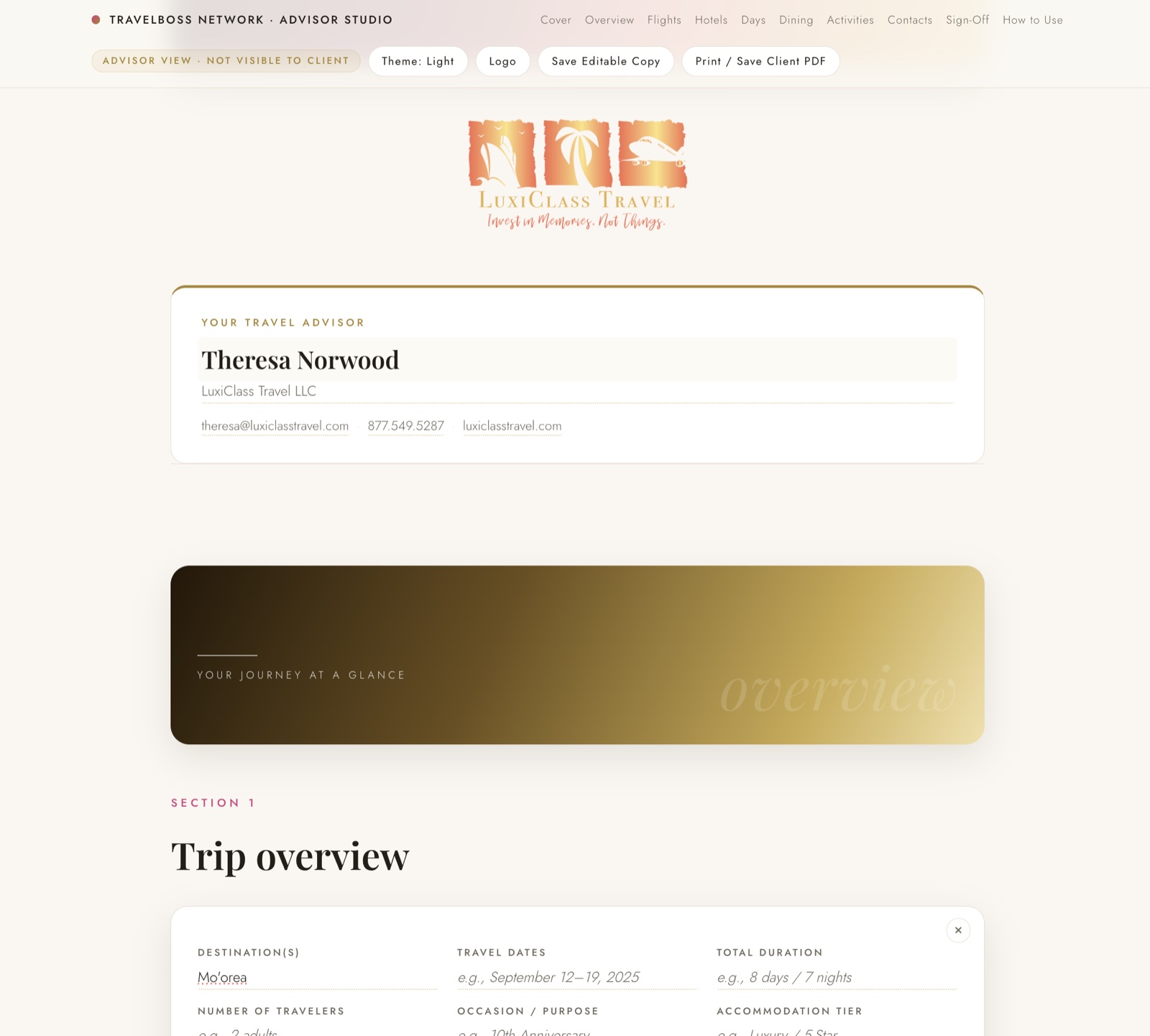 Smart fields filled throughout itinerary document, light mode