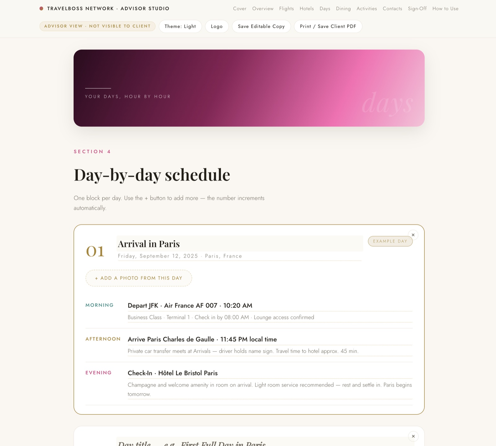 Luxury itinerary cover page light mode — client name, trip stats, destination photo