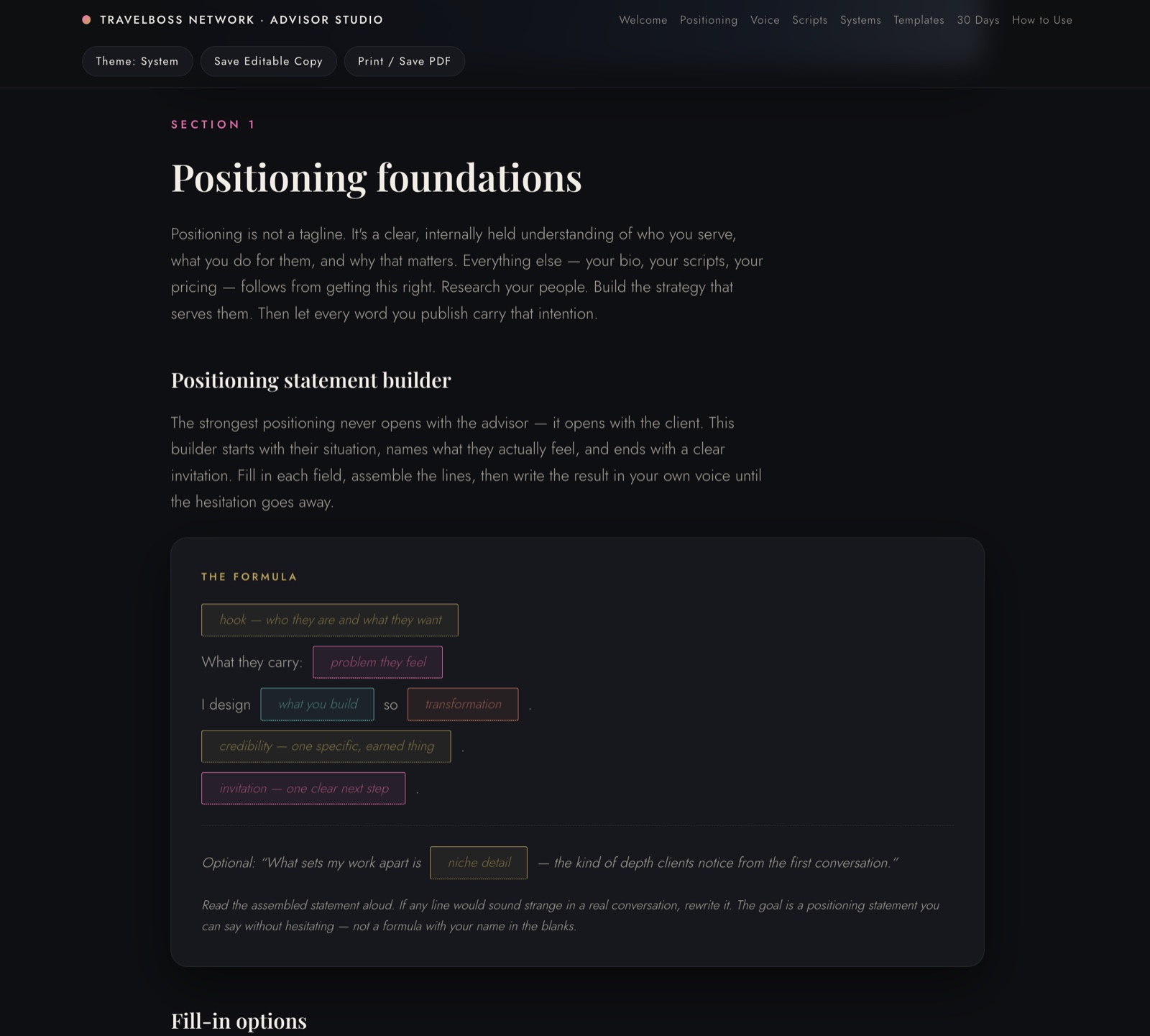 Positioning statement composer building statement in real time, dark mode