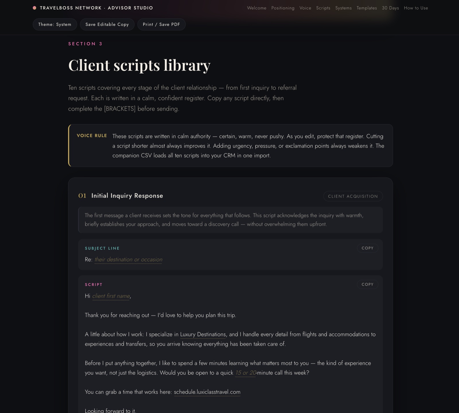 Script with one-click copy button showing personalized details, dark mode
