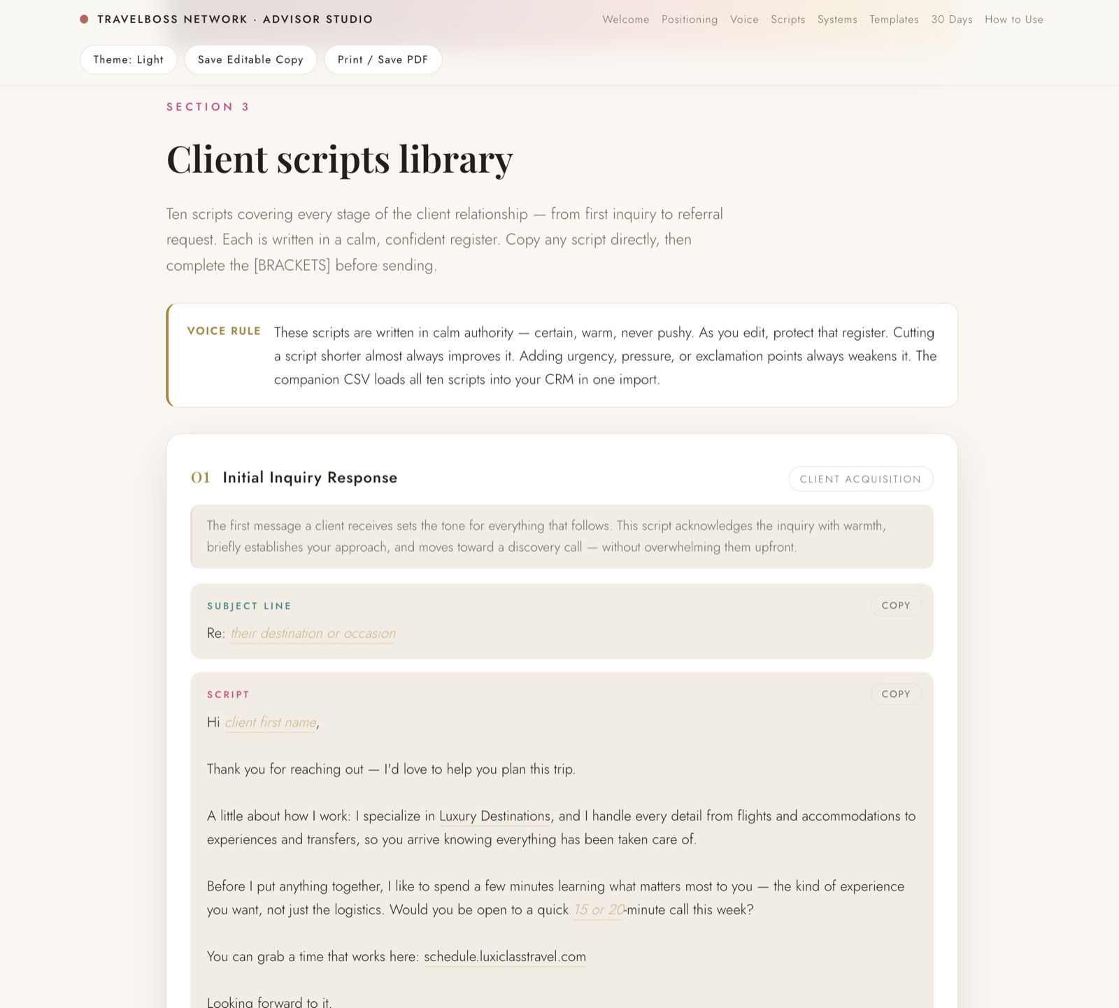 Script with one-click copy button showing personalized details, light mode