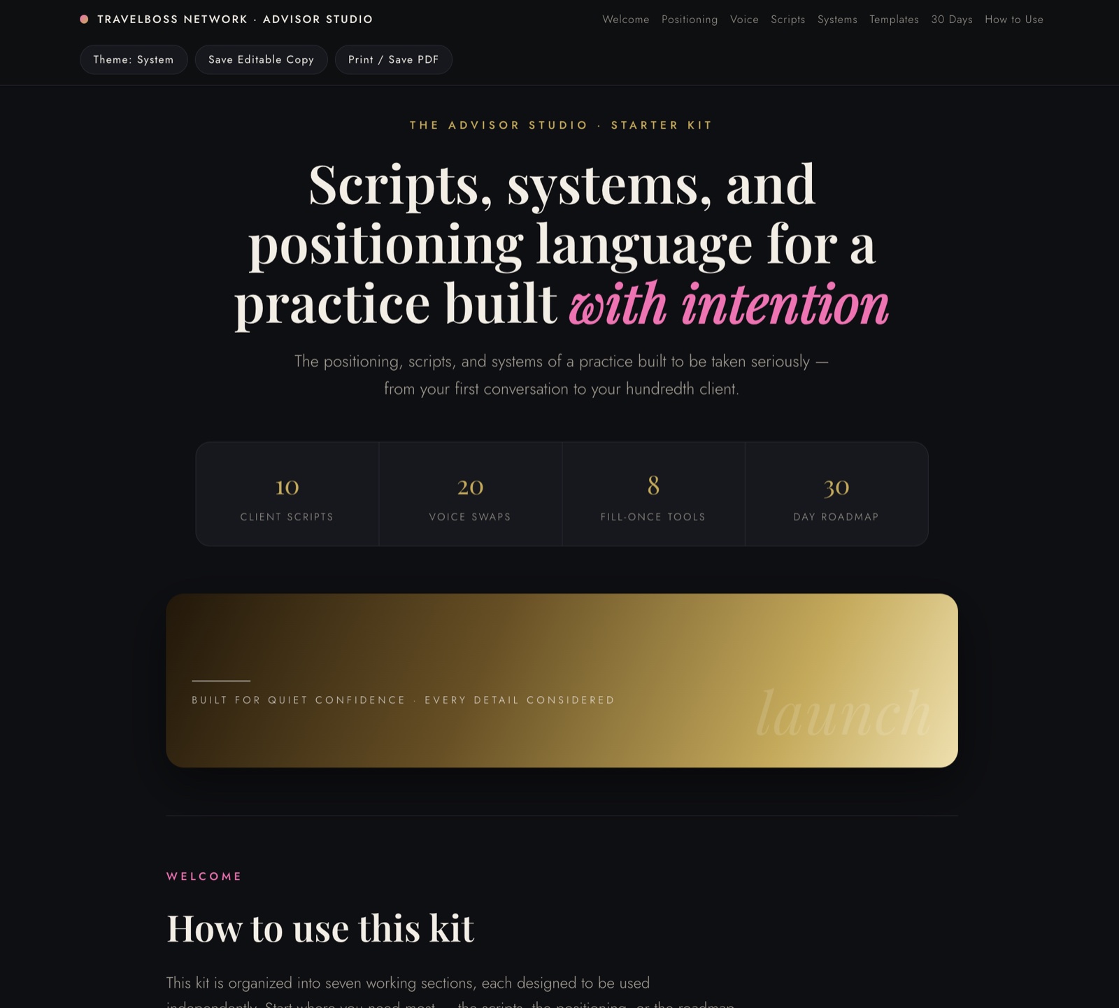 Advisor Starter Kit open in browser, dark mode