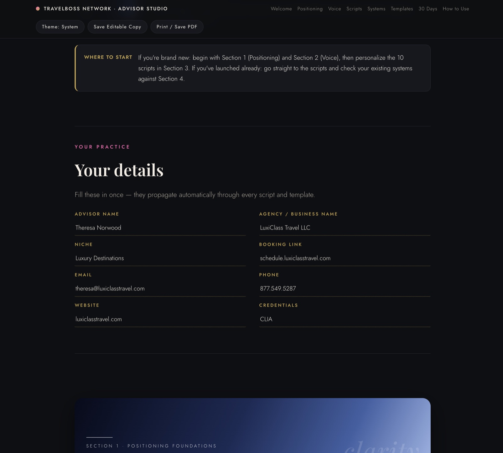 Your Practice panel with eight fields, dark mode