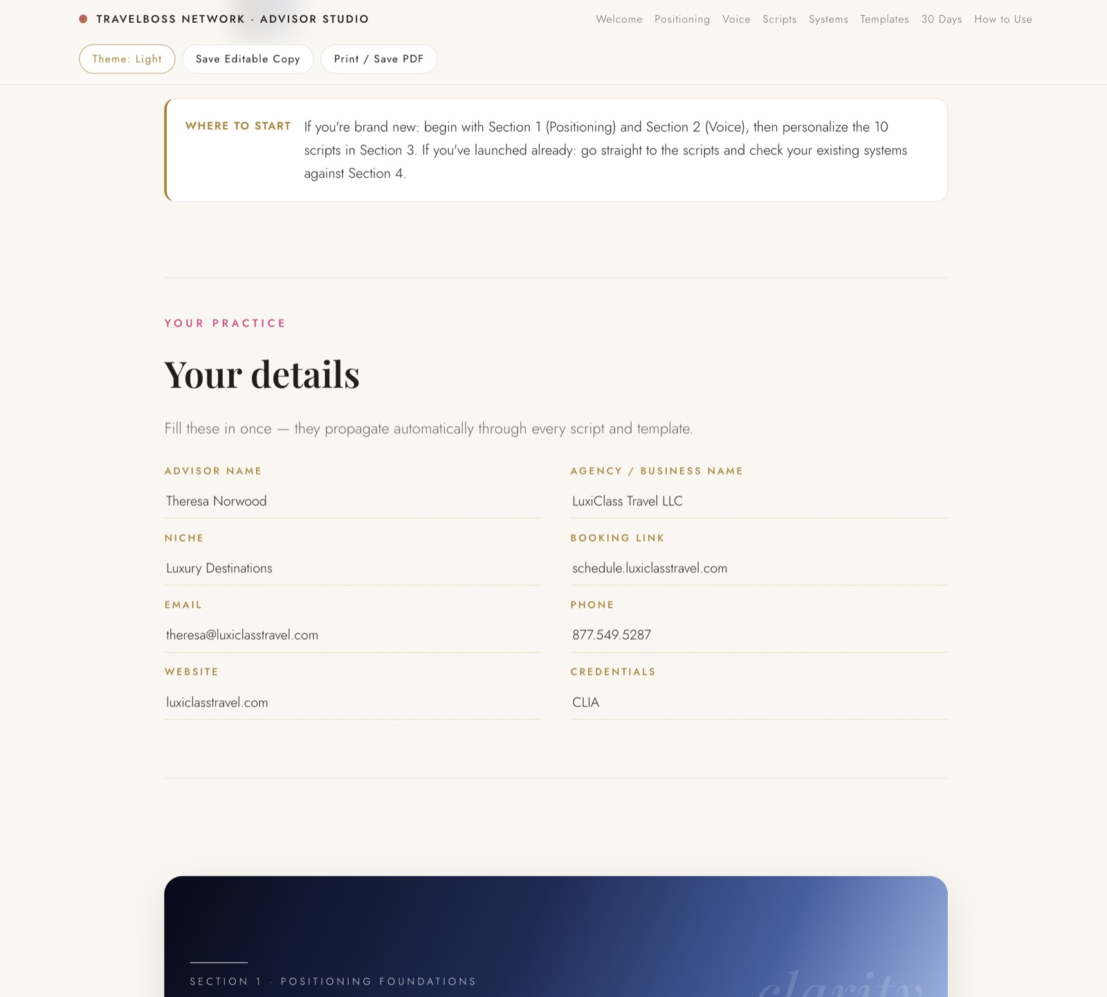 Your Practice panel with eight fields, light mode