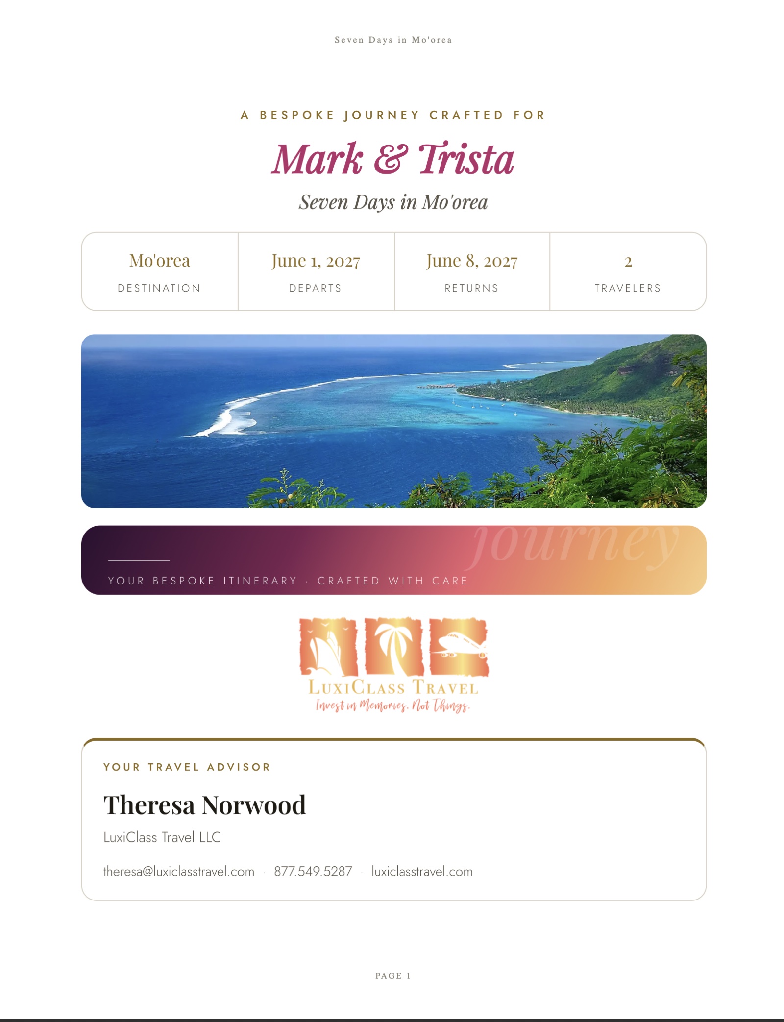 Client-facing PDF itinerary with advisor logo, no product branding